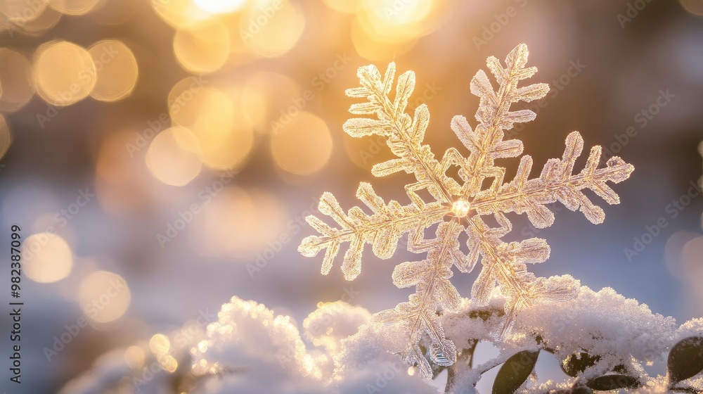 Poster a beautiful snowflake glimmers in golden sunlight, creating a magical winter atmosphere with soft, b