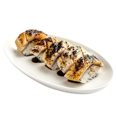 Close-up of grilled sushi rolls on a white plate, garnished with soy sauce and sesame seeds, isolated on a transparent background