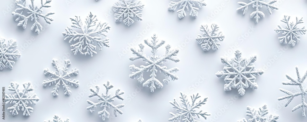Poster a beautiful arrangement of unique snowflakes on a soft white background, capturing the essence of wi