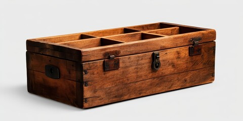 Vintage wooden toolbox with compartments, white background, isolated, practical and rustic