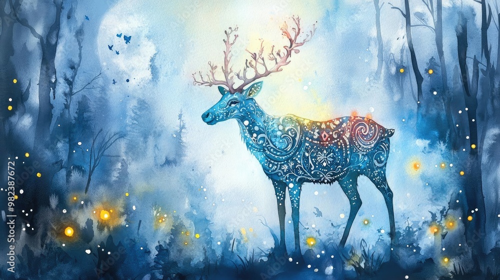 Poster a mystical blue deer stands in an enchanted forest, illuminated by soft glowing lights under a moonl