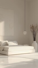A stylish bedroom interior with a minimalist design. 