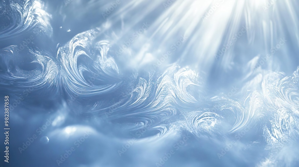Poster A serene and ethereal backdrop featuring swirling clouds illuminated by soft rays of light, perfect for calming designs.
