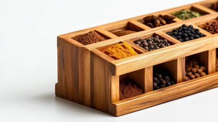 Wooden spice rack with small shelves, white background, isolated, focus on kitchen organization