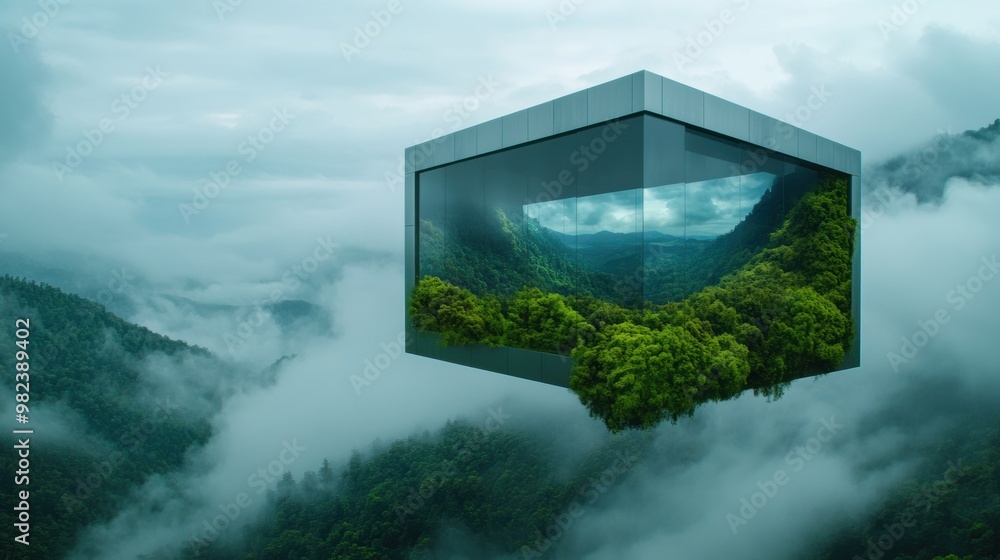 Poster a picture of a cube shaped building with trees and clouds in the background, ai