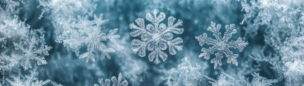 Poster a close-up view of delicate snowflakes resting on a shimmering blue background, showcasing intricate
