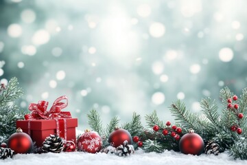 Red Christmas Ornaments, Gift, and Pine Branches in Snow