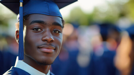 Young graduate in blue cap and gown smiling, academic ceremony, educational success, proud student, future scholar, school achievement, happy moment, graduation day