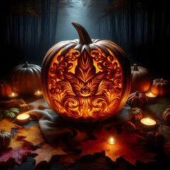 Halloween pumpkin background featuring spooky jack-o-lanterns on a black backdrop, perfect for autumn celebrations	