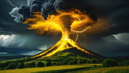 burning volcano in the clouds
