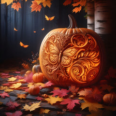 Halloween pumpkin background featuring spooky jack-o-lanterns on a black backdrop, perfect for autumn celebrations	