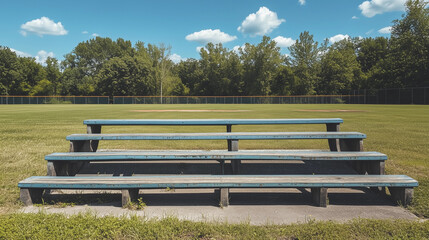 Empty baseball field metal bleachers green grass blue sky summer outdoor sports stadium seating recreational park rural nostalgic classic game day