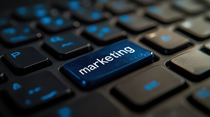 Blue marketing button on black keyboard, digital advertising, online strategy, business concept, modern technology, marketing innovation, business tools, online marketing strategy