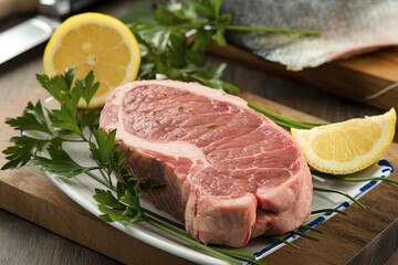 Seawolf or catfish steak with lemons and green parsley