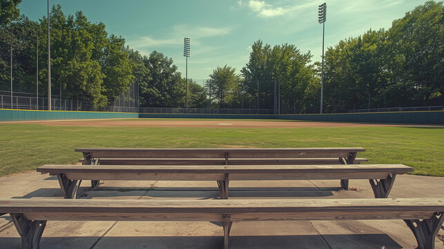 Empty baseball field wooden bleachers green grass stadium lights blue sky summer outdoor sports nostalgic classic game day rural park recreational - Powered by Adobe