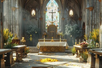 Obraz premium Christian Priest in a Historic Cathedral A priest in traditional robes leading a service