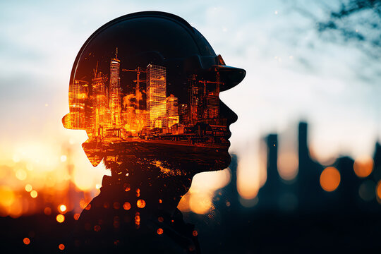 A double exposure image of a construction worker's silhouette layered with a vibrant cityscape at sunset, symbolizing urban development.