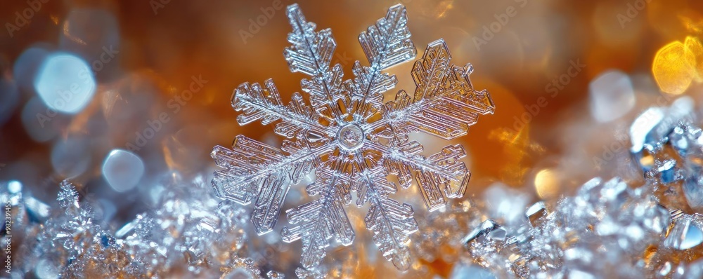 Poster magnificent close-up of a snowflake showcasing intricate patterns against a beautifully blurred, shi