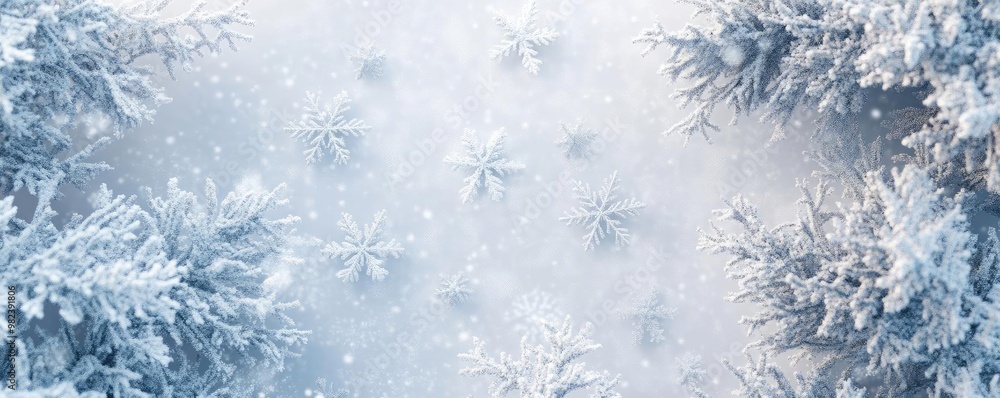 Poster a serene winter landscape featuring snowflakes drifting gently over frosted evergreen trees, creatin