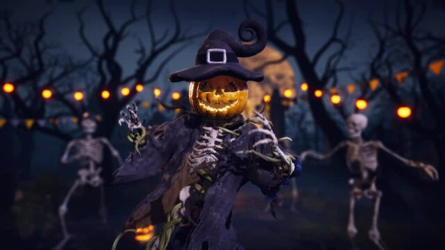 Haunted Halloween party: spooky pumpkin and scary skeletons dances under full moon in misty ancient graveyard. 3D animated background for greeting cards, invitations, posters, events, parties