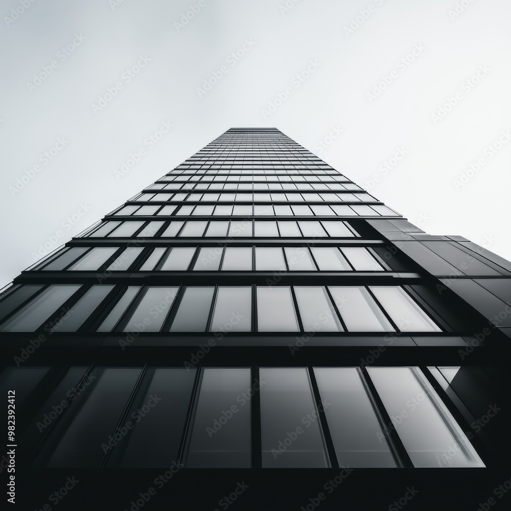 Poster a low angle view of a modern skyscraper reaching towards a cloudy sky.