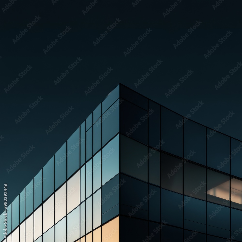 Poster modern building with a grid of windows reflecting the sky.