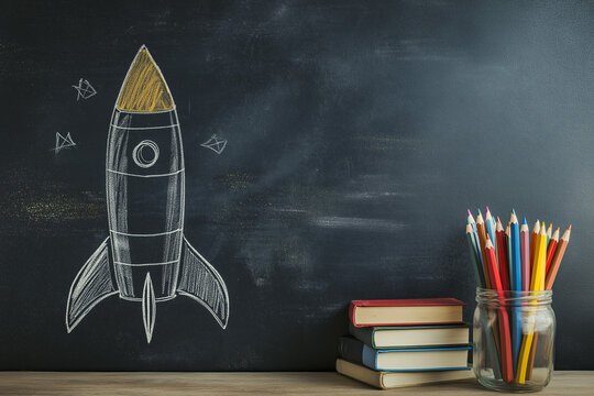 ack to school concept with chalkboard and supplies on wooden desk. 3D Rendering