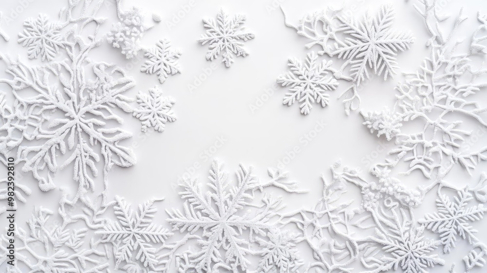 Poster elegant white snowflakes arranged on a textured surface, creating a subtle winter-themed background 