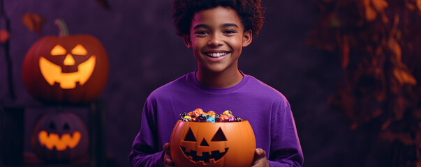Fototapeta premium Halloween portrait of African male with candy bucket in eerie forest scene 
