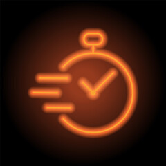 Clock simple icon vector. Flat design. Orange neon on black background