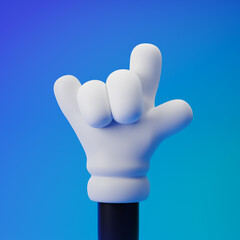 Сartoon comic hand in glove showing horns or rock gesture isolated over blue background. 3d rendering.