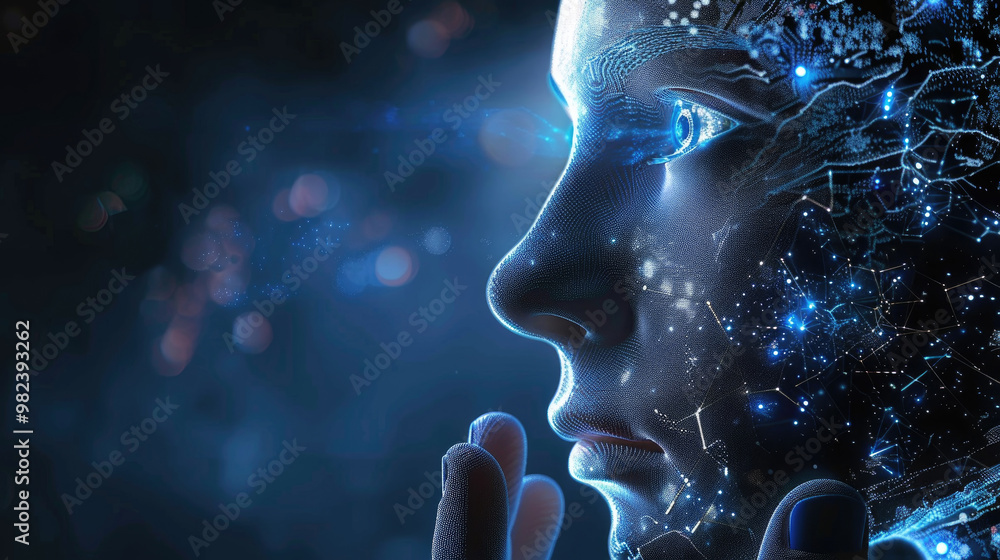 Poster a close-up view of a human face intertwining with digital elements, highlighting a blend of technolo