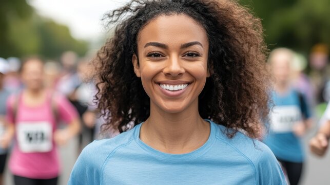 Joyful African American Woman Participating in Charity Marathon Run - Powered by Adobe