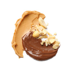 Tasty peanut butter and nuts isolated on white, top view