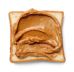 Delicious sandwich with peanut butter isolated white, top view