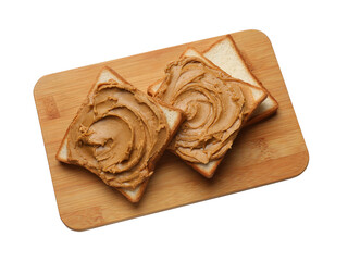 Tasty sandwiches with peanut butter isolated on white, top view