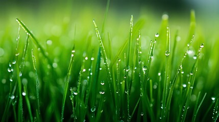 Fototapeta premium Dewdrops Adorning Lush Green Grass Blades