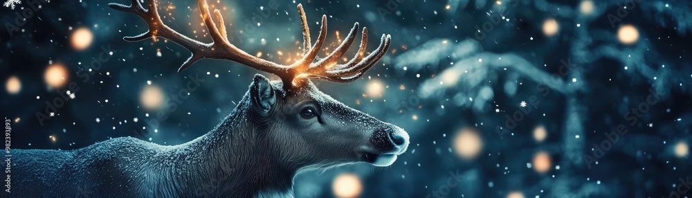 Poster a majestic reindeer stands gracefully in a snowy forest, illuminated by soft glimmers of light, crea