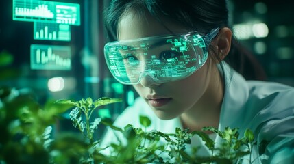 Futuristic agricultural research: scientist uses ar glasses for smart farming analysis