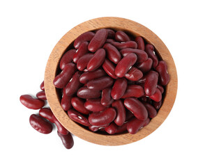 Dried red beans in bowl isolated on white, top view