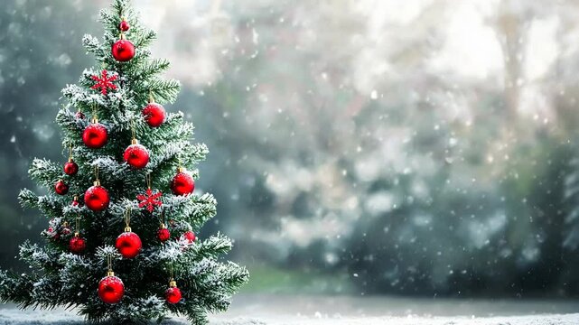 Festive Christmas tree adorned with red ornaments in a snowy winter wonderland during the holiday season