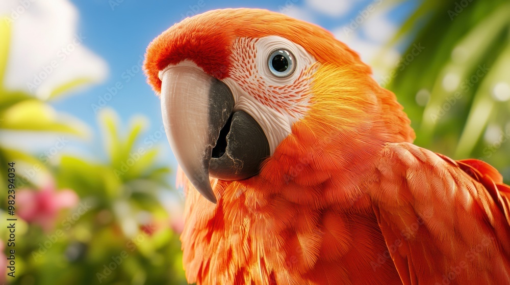 Poster A close up of a colorful parrot with bright blue eyes, AI