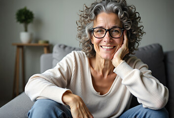 A 55 year old positive woman with curly gray hair and glasses sits comfortably on her sofa her chin resting in her hand.