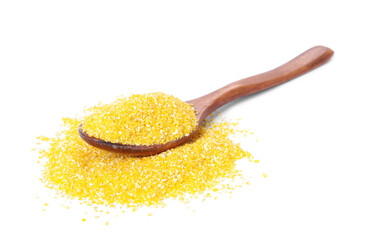 Raw cornmeal in wooden spoon isolated on white