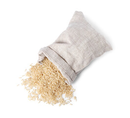 Raw rice in burlap isolated on white, top view