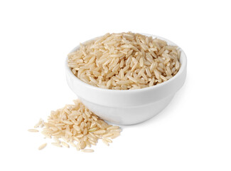 Raw rice in bowl isolated on white