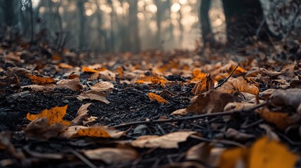 Obraz premium A serene forest path covered with autumn leaves, evoking tranquility and nature's beauty.