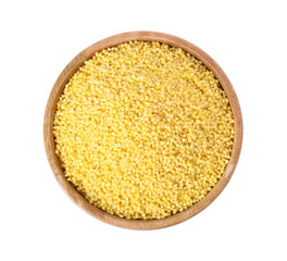 Millet groats in wooden bowl isolated on white, top view