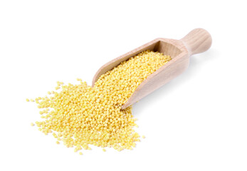 Millet groats in wooden scoop isolated on white