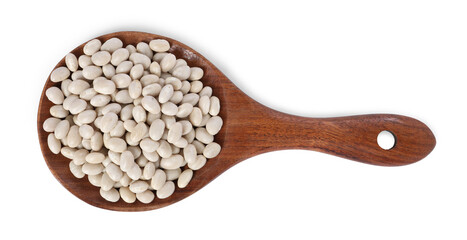 Dried beans in wooden spoon isolated on white, top view